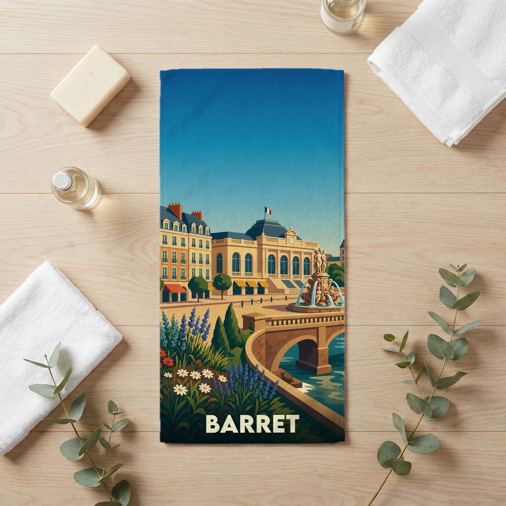 Serviette de bain souvenir de la ville de Barret avec une illustration stylisée d'un paysage urbain français.