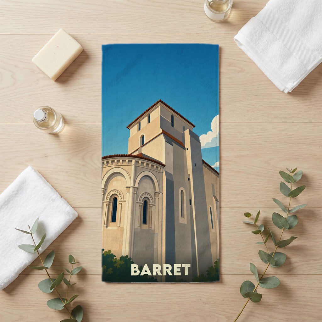 Serviette de bain souvenir de la ville de Barret illustrée d'un monument historique stylisé.