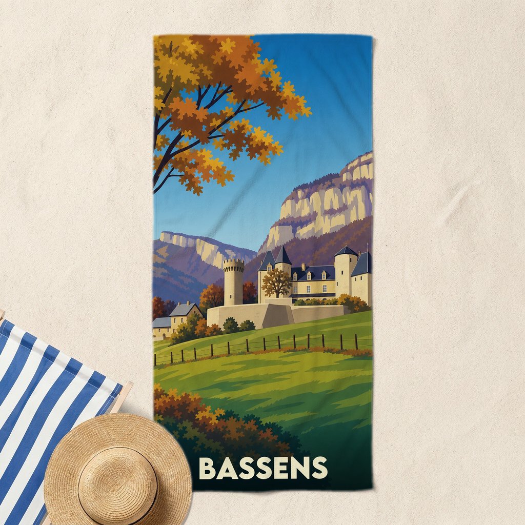 Serviette de bain souvenir de la ville de Bassens avec une illustration stylisée de son château et des montagnes environnantes.