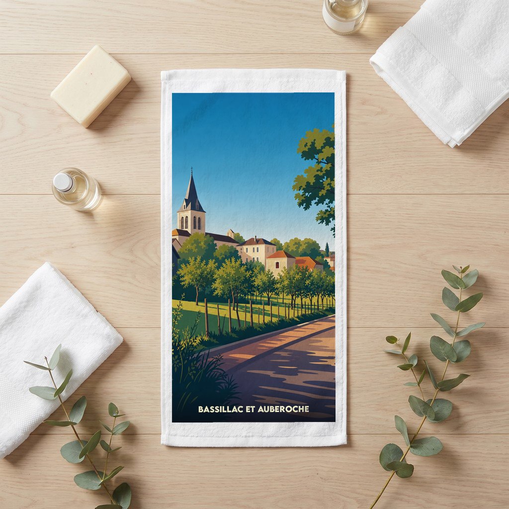 Serviette de bain souvenir de Bassillac et Auberoche avec une illustration stylisée de la ville.