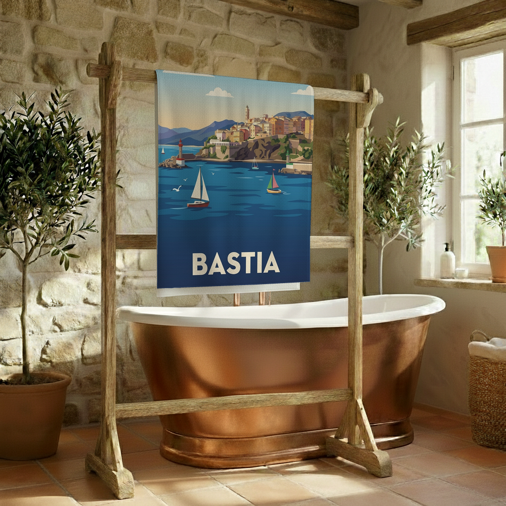 Serviette de bain souvenir de la ville de Bastia avec une illustration stylisée de son port.