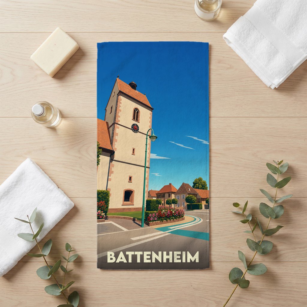 Serviette de bain souvenir de la ville de Battenheim avec une illustration stylisée de son église.