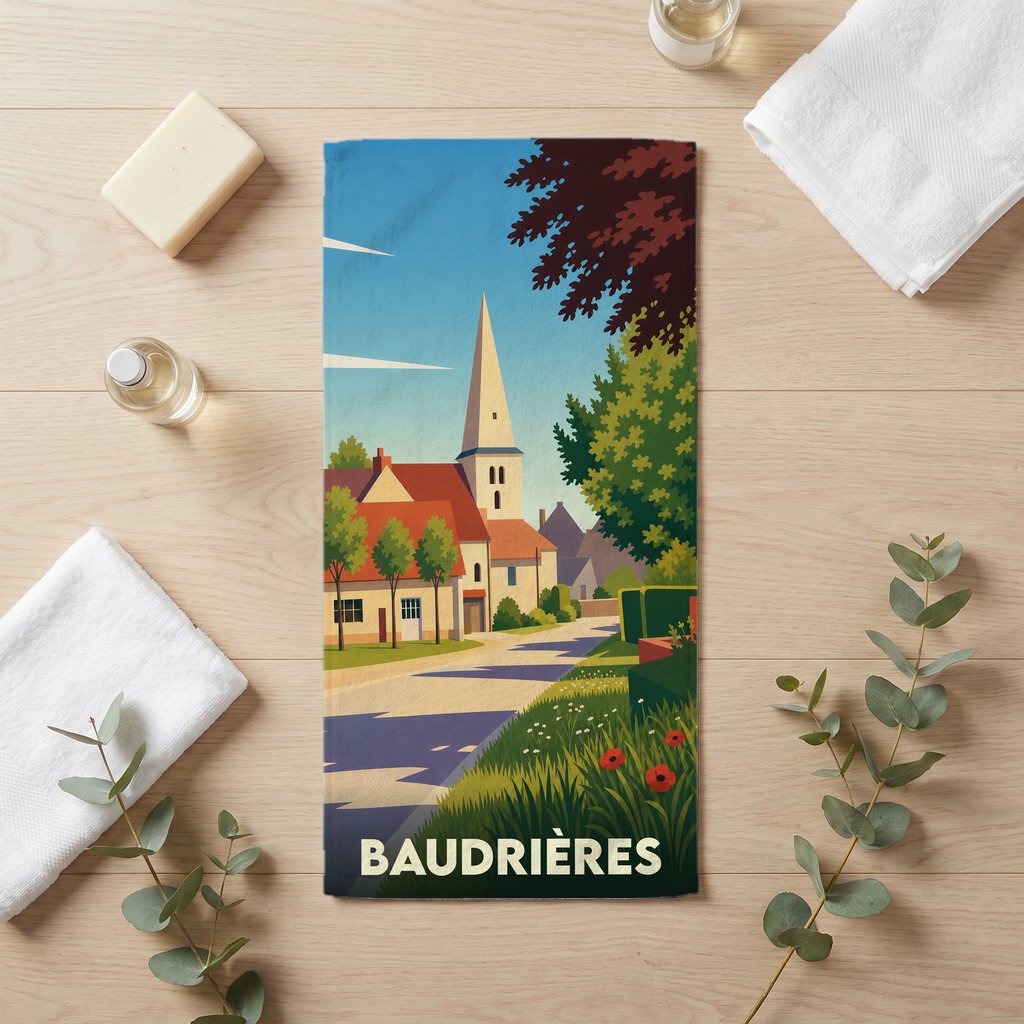 Serviette de bain souvenir de la ville de Baudrières ornée d'une illustration stylisée de son clocher et de ses maisons.
