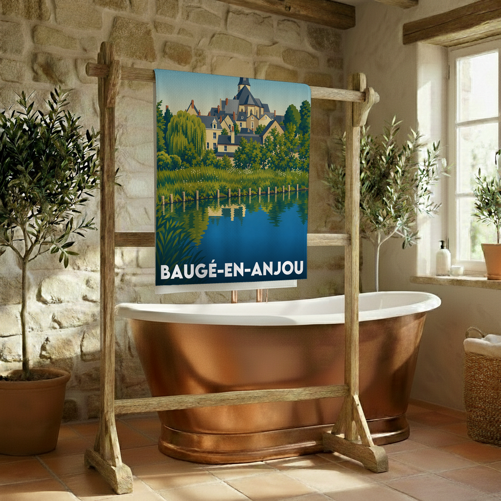 Serviette de bain souvenir de la ville de Baugé-en-Anjou avec une illustration stylisée.