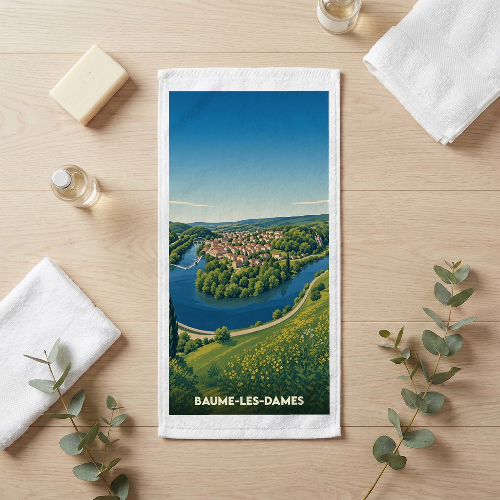 Serviette de bain souvenir de la ville de Baume-les-Dames avec une illustration stylisée.