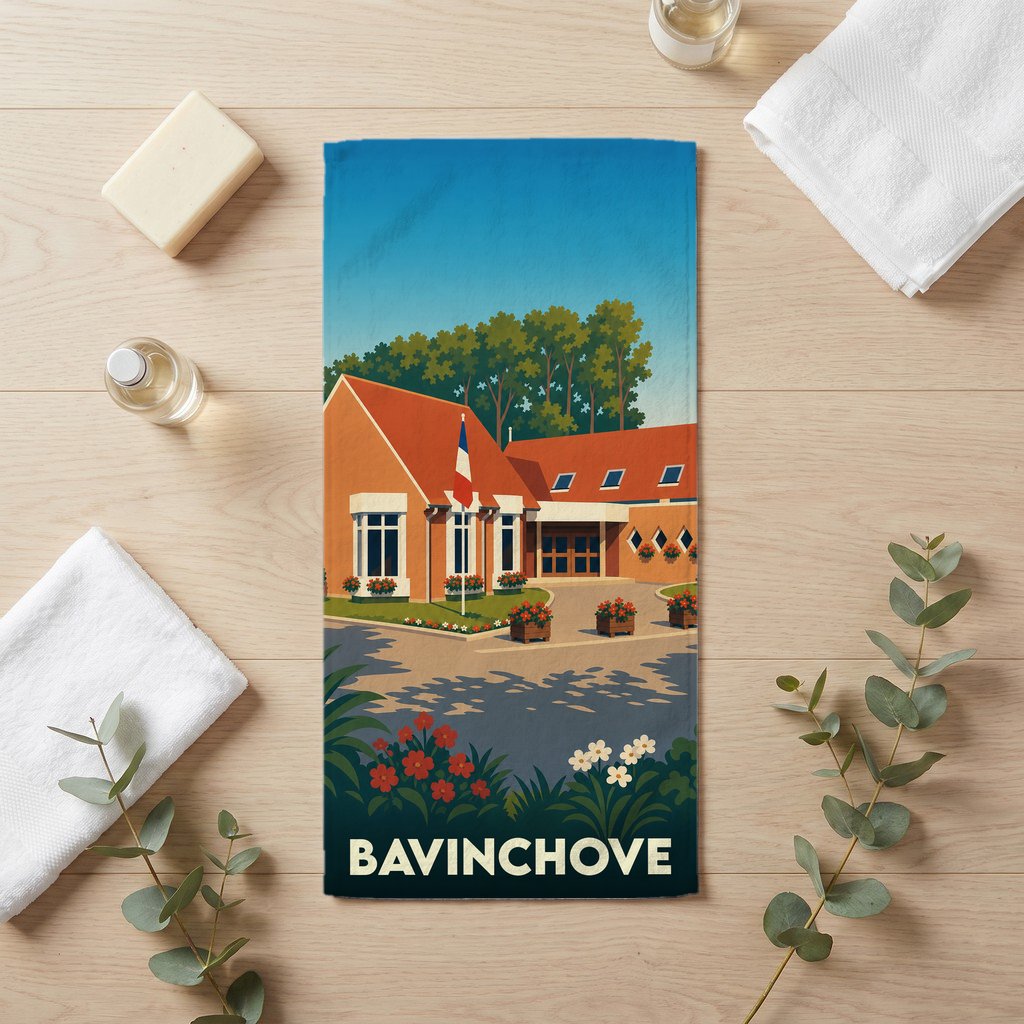 Serviette de bain souvenir de la ville de Bavinchove avec une illustration stylisée.
