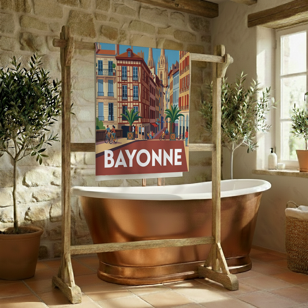 Serviette de bain souvenir de la ville de Bayonne avec une illustration stylisée.