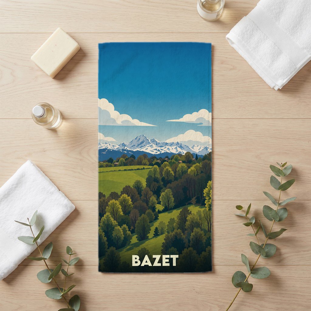 Serviette de bain souvenir de la ville de Bazet avec une illustration stylisée de paysages vallonnés et de montagnes.