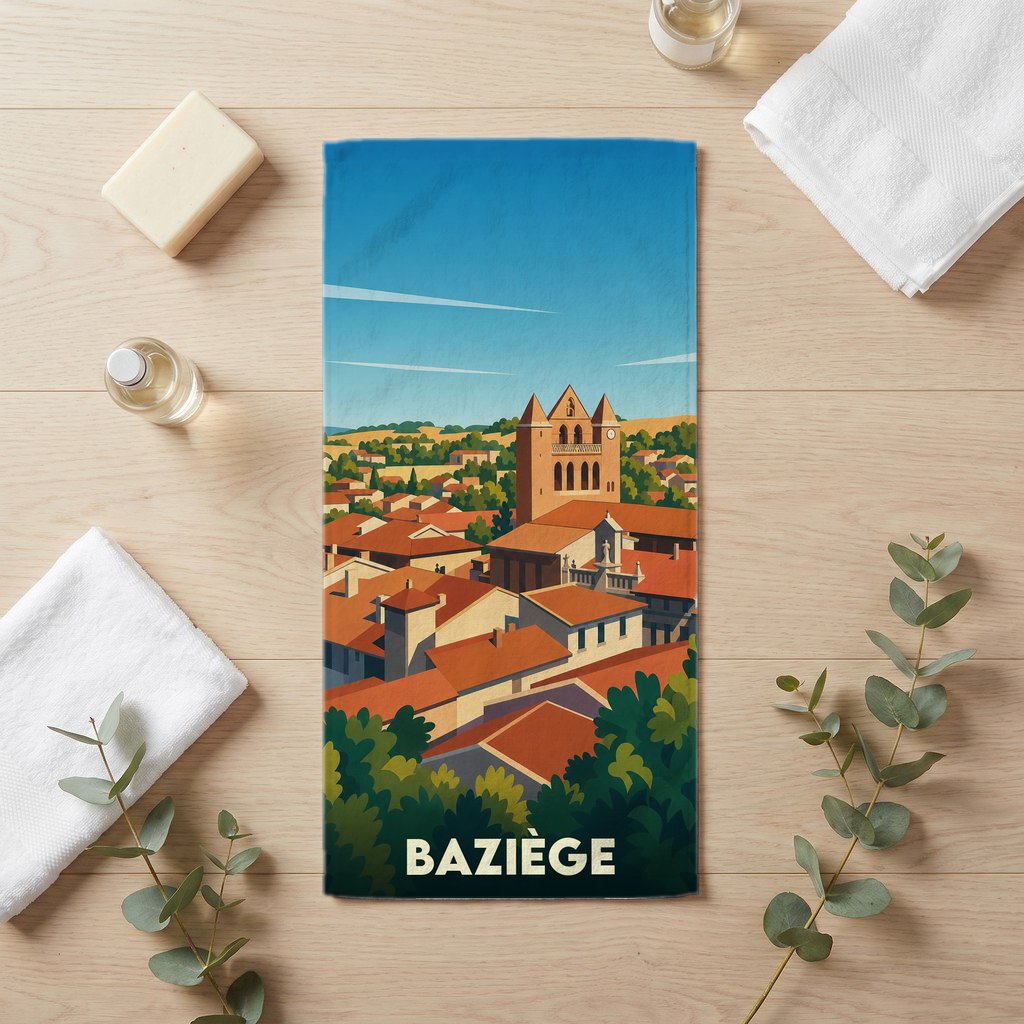 Serviette de bain souvenir de la ville de Baziège avec une illustration stylisée.