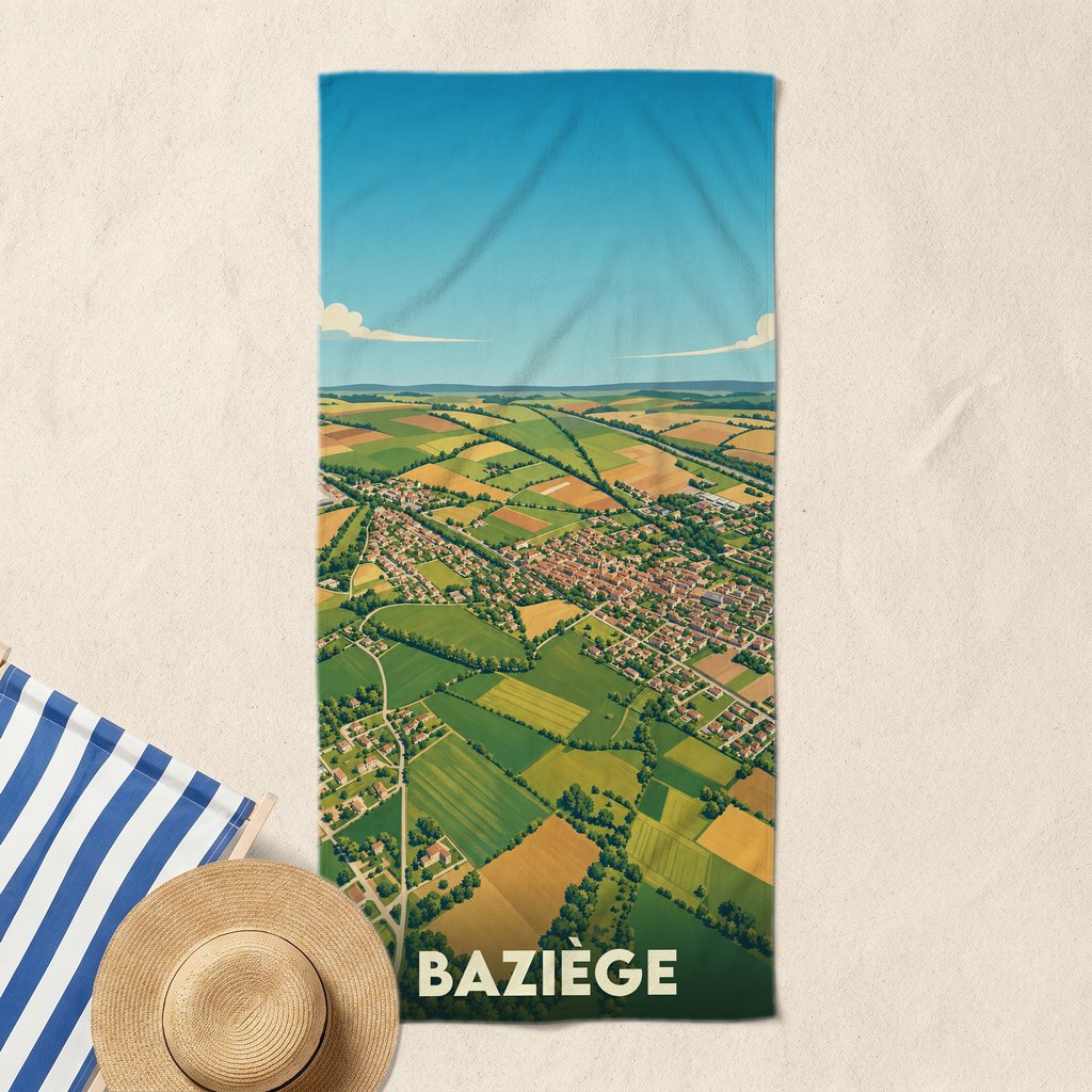 Serviette de bain souvenir de la ville de Baziège avec une vue aérienne illustrée.