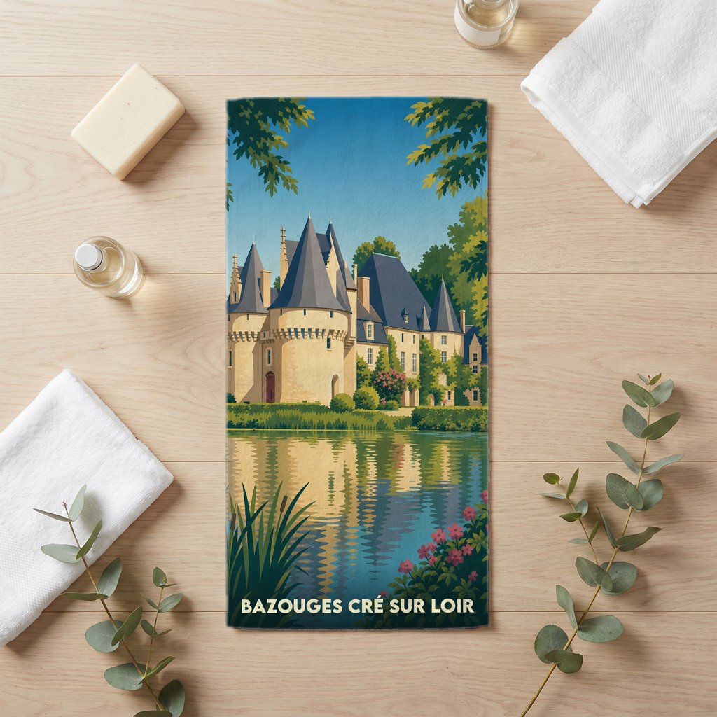 Serviette de bain 30 cm x 60 cm souvenir de Bazouges Cré sur Loir