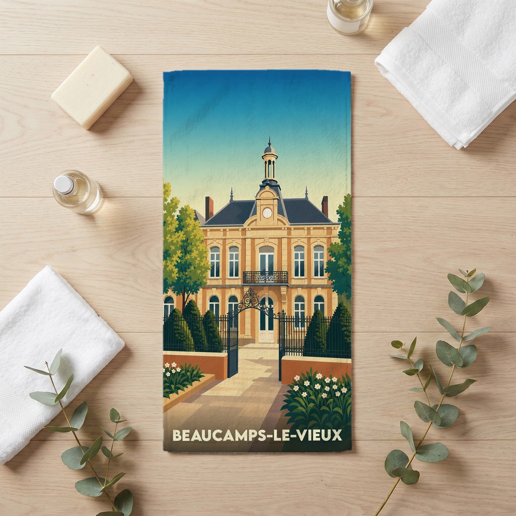 Serviette de bain souvenir de la ville de Beaucamps-le-Vieux avec une illustration stylisée.