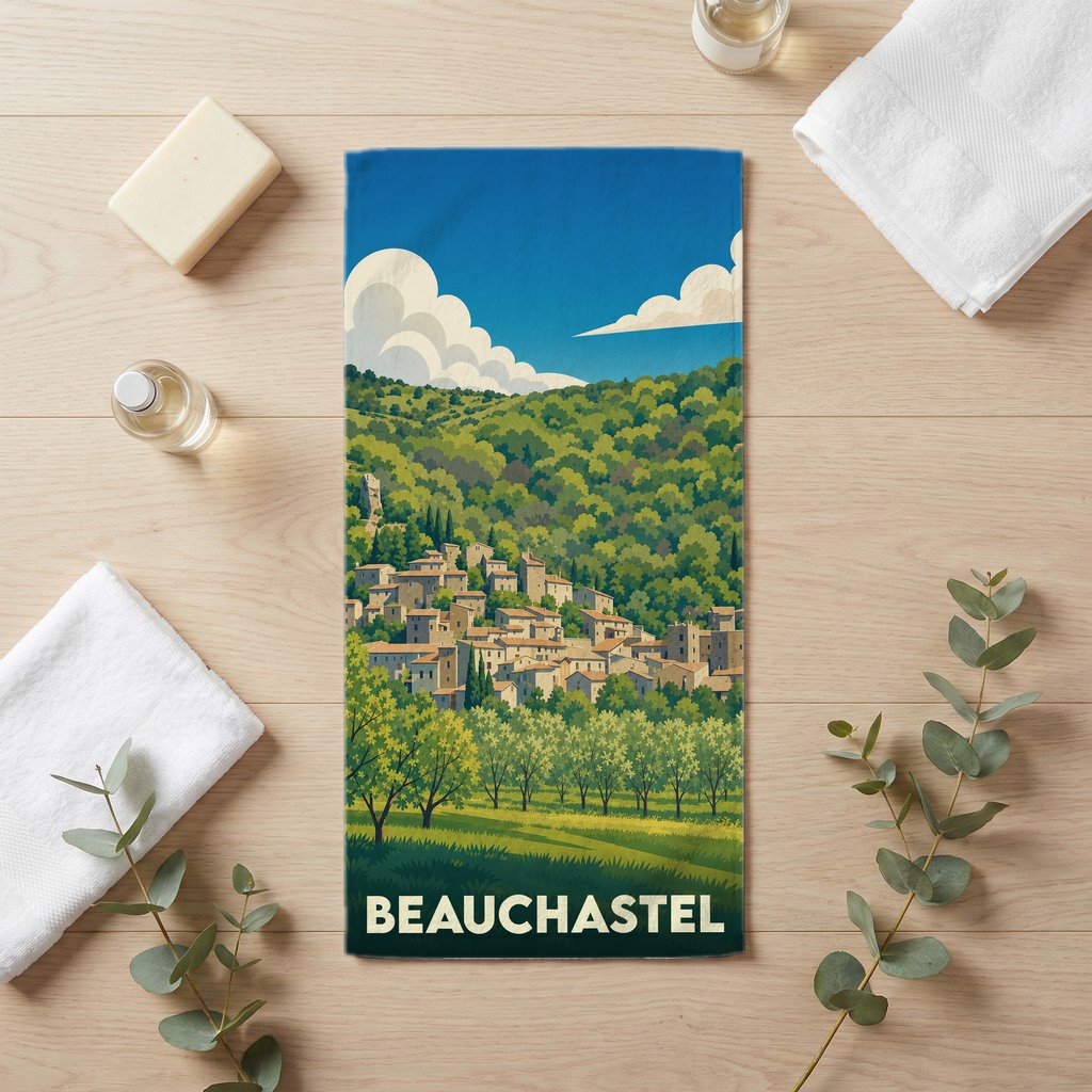 Serviette de bain souvenir de la ville de Beauchastel avec une illustration stylisée de son village.