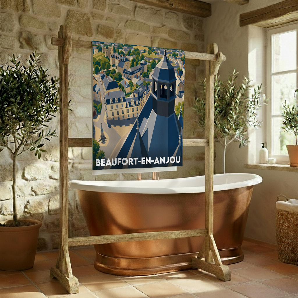 Serviette de bain souvenir de Beaufort-en-Anjou avec une illustration stylisée de la ville.