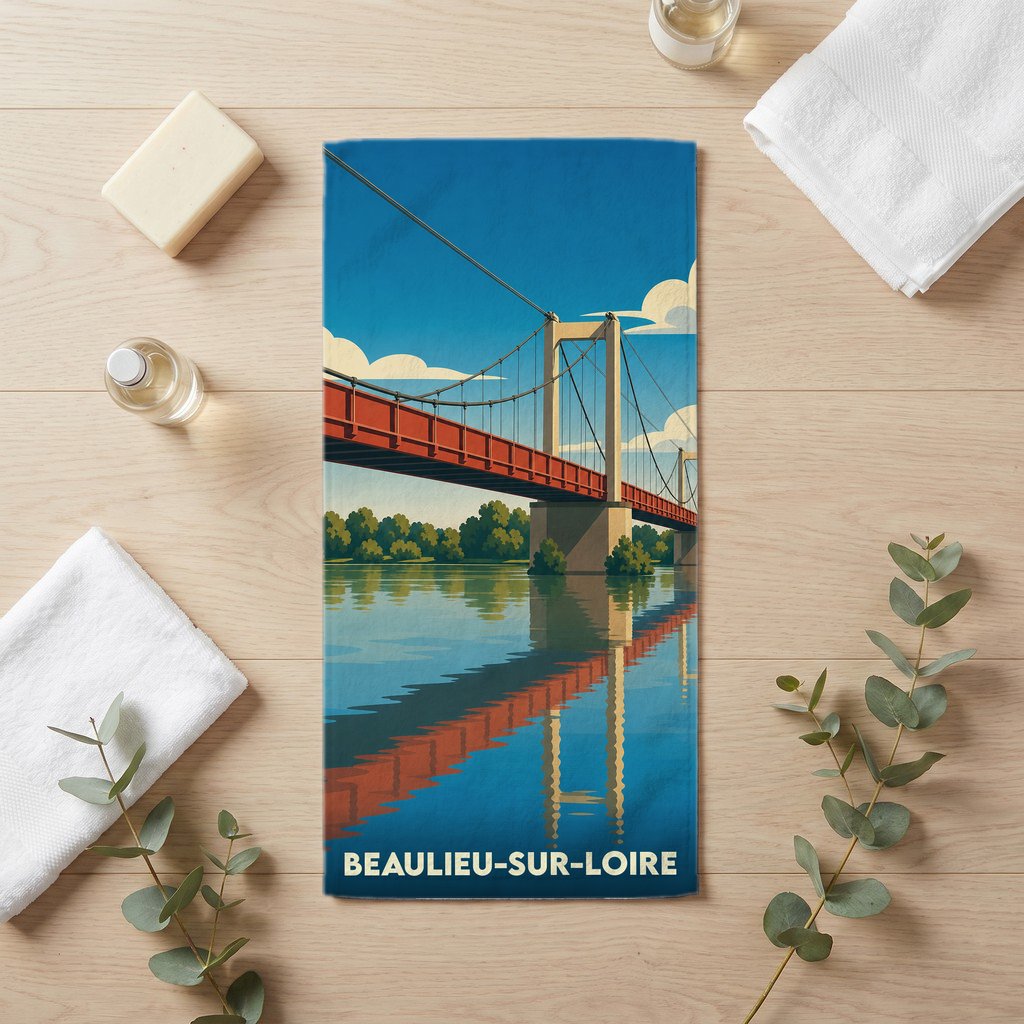 Serviette de bain souvenir de la ville de Beaulieu-sur-Loire illustrant un pont suspendu surplombant un fleuve.