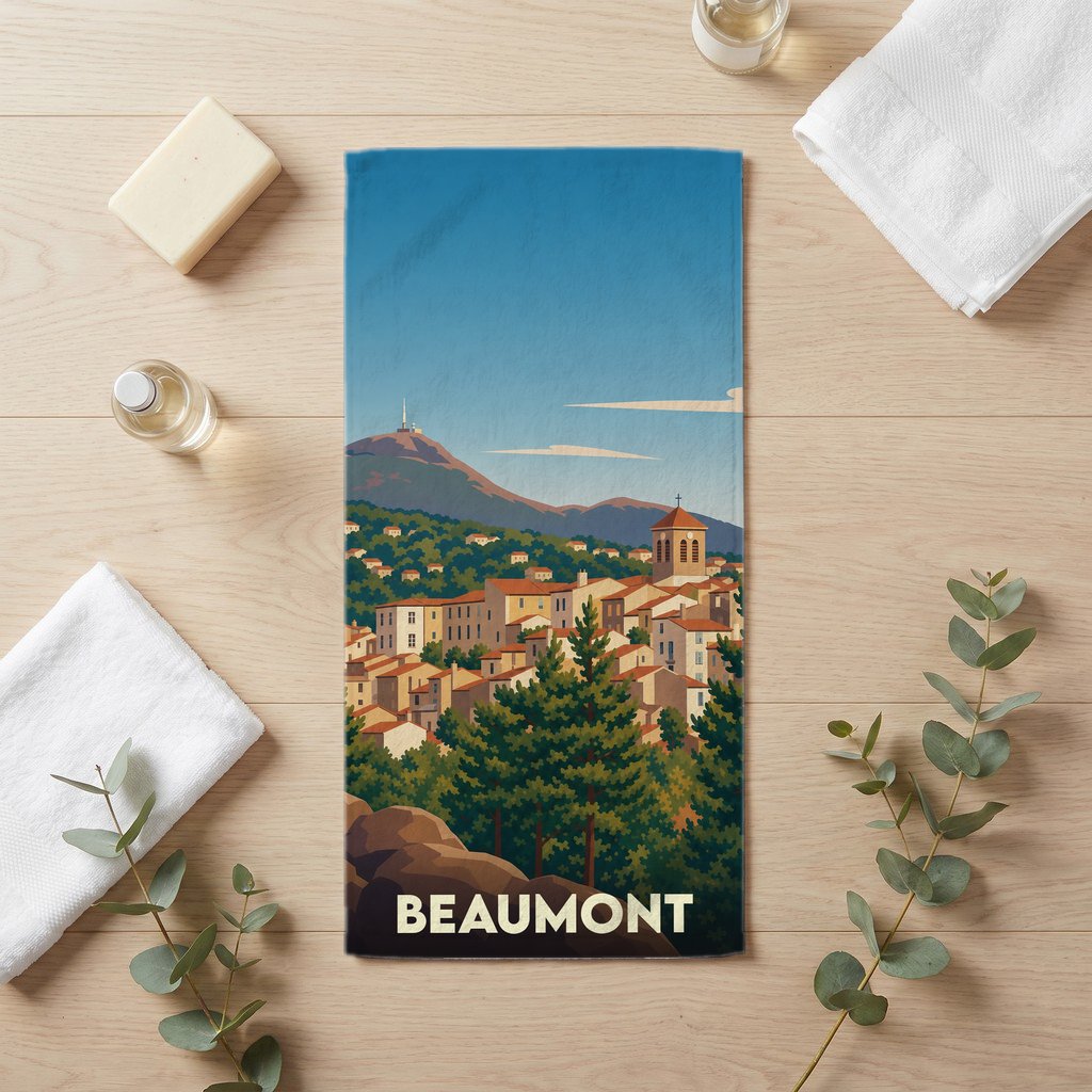 Serviette de bain souvenir de la ville de Beaumont illustrée d'un paysage montagneux stylisé.
