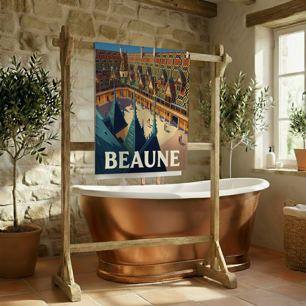 Serviette de bain souvenir de la ville de Beaune avec une illustration stylisée.