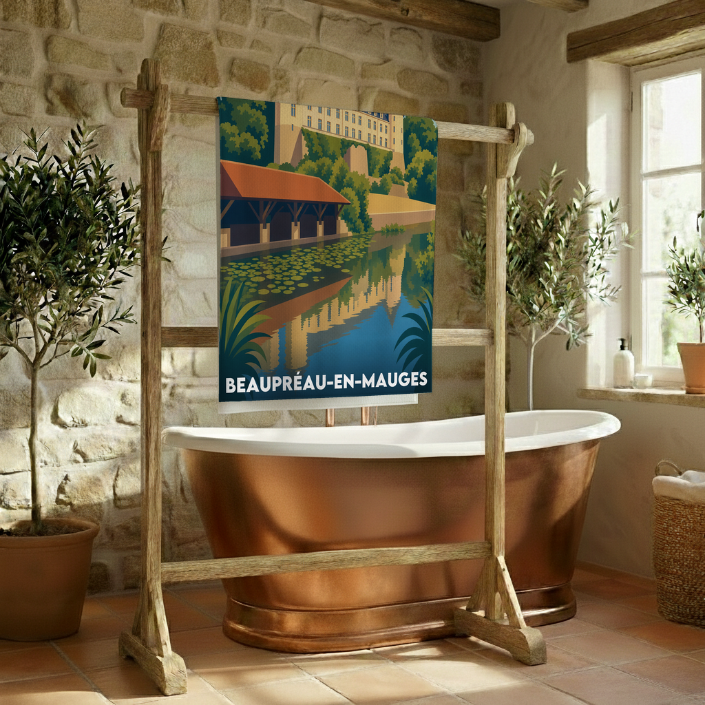 Serviette de bain souvenir de la ville de Beaupréau-en-Mauges avec une illustration stylisée.