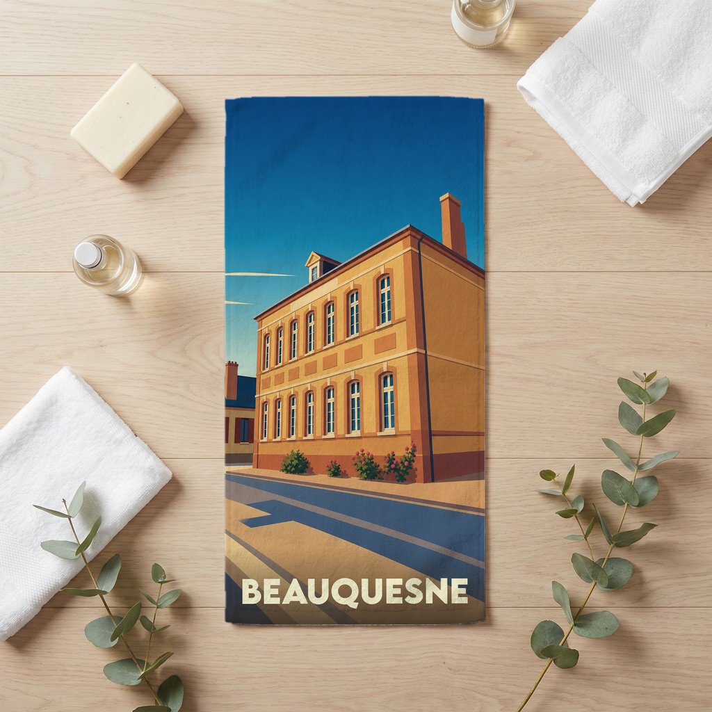Serviette de bain souvenir de la ville de Beauquesne avec une illustration stylisée d'un bâtiment historique.