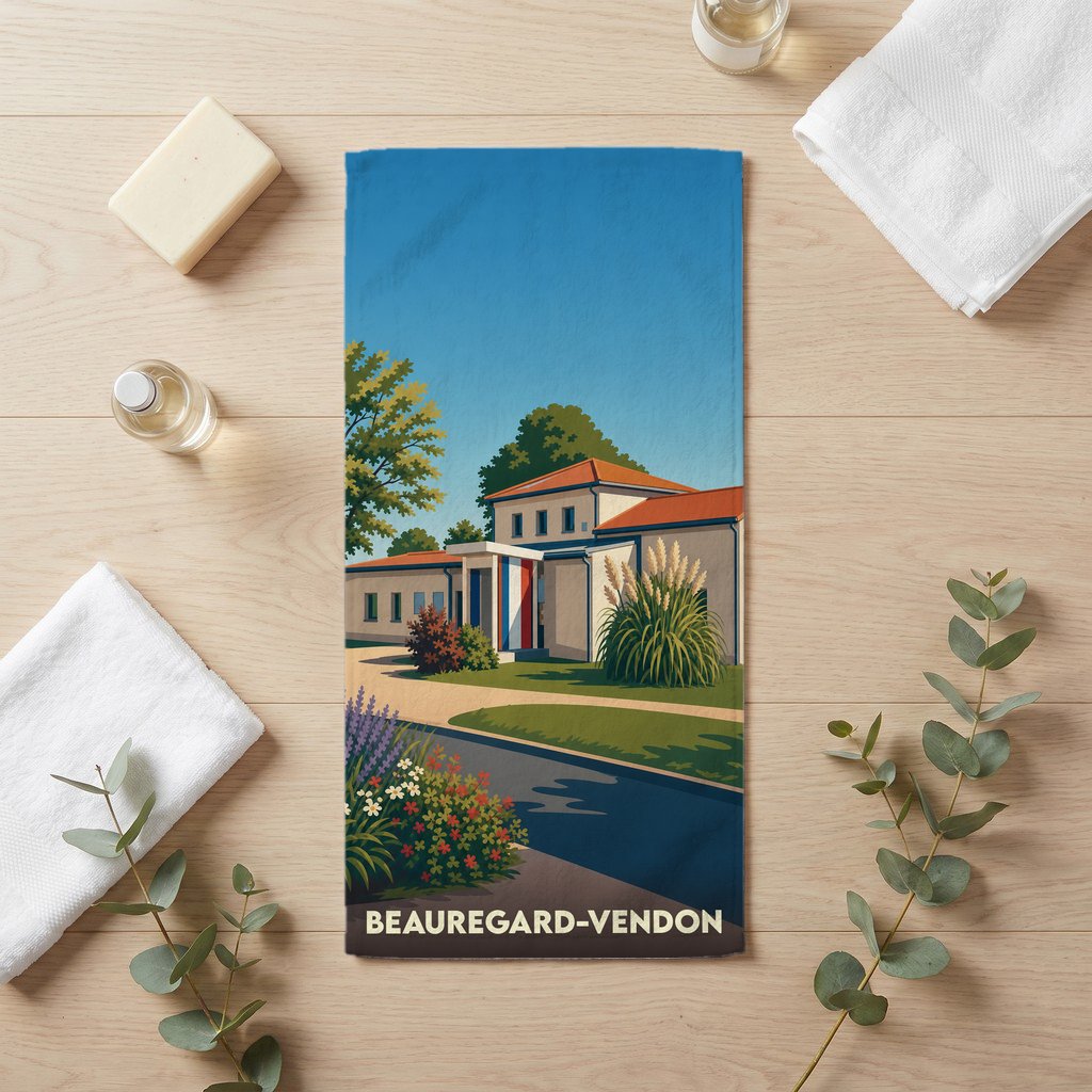 Serviette de bain souvenir de la ville de Beauregard-Vendon avec une illustration stylisée.