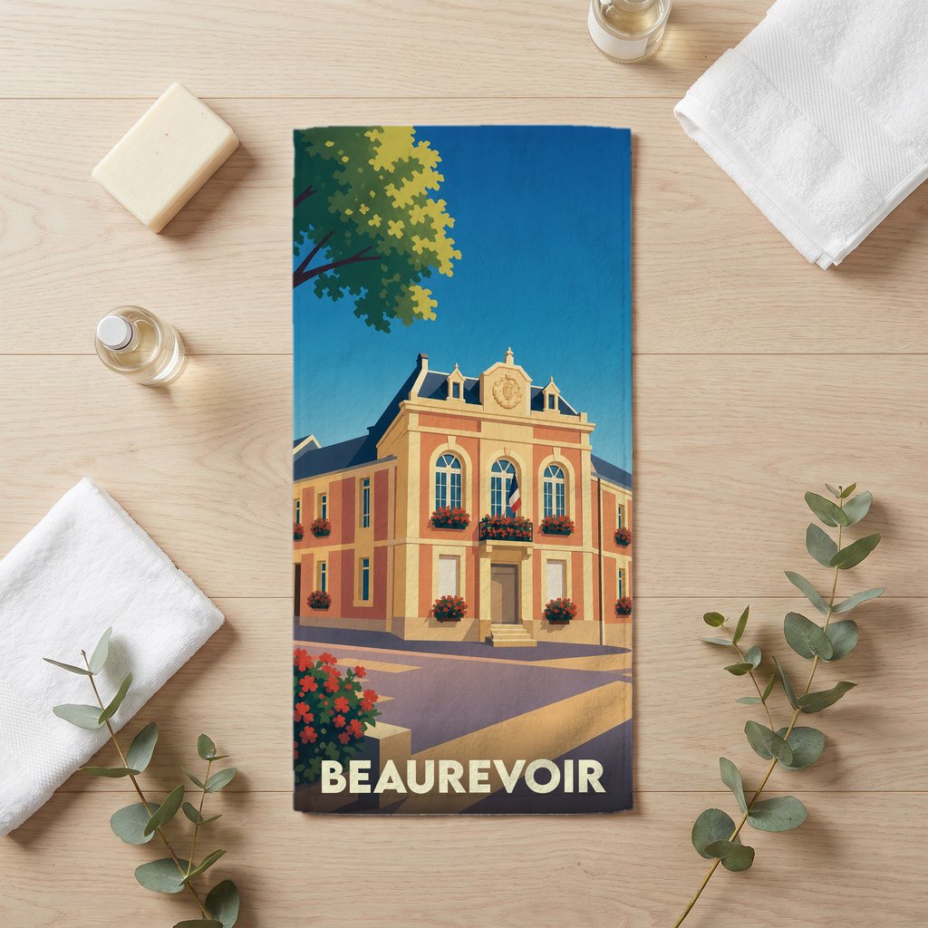 Serviette de bain souvenir de la ville de Beaurevoir avec une illustration stylisée de l'hôtel de ville.