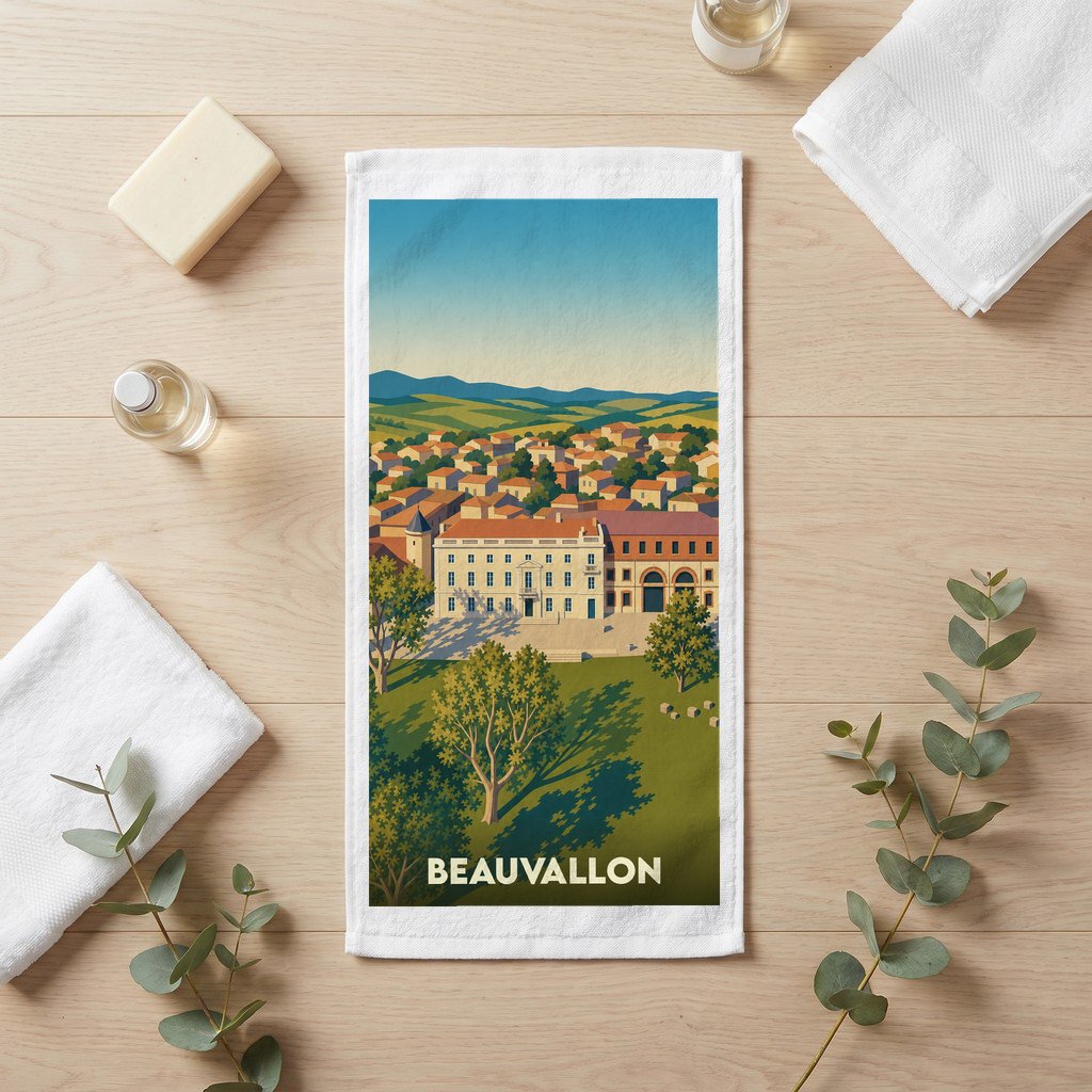 Serviette de bain souvenir de la ville de Beauvallon avec une illustration stylisée.