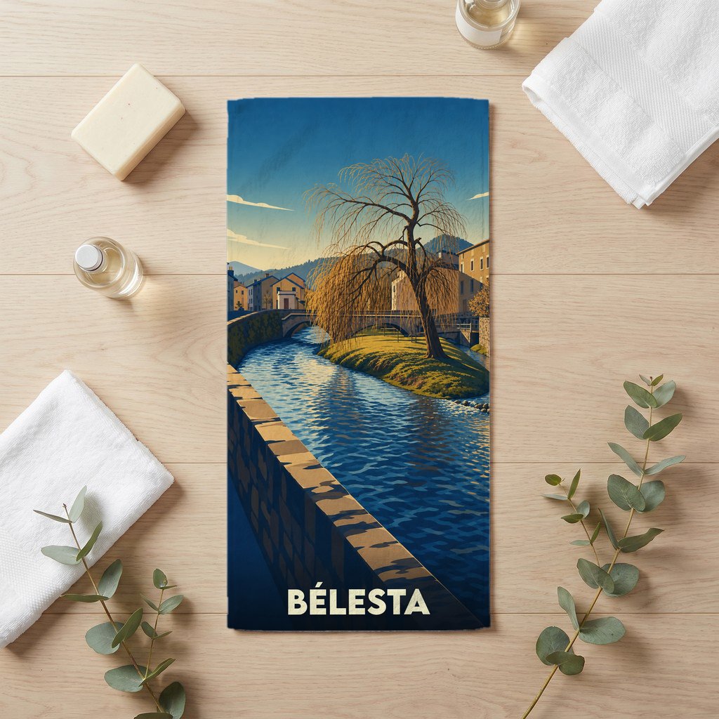 Serviette de bain souvenir de la ville de Bélesta avec une illustration stylisée d'un paysage de rivière.