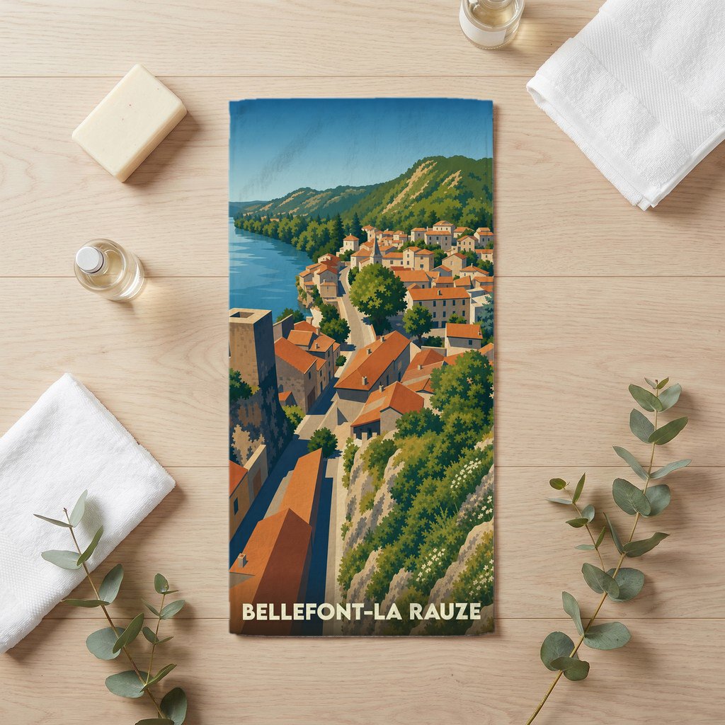Serviette de bain souvenir de Bellefont-La Rauze illustrée d'un paysage pittoresque en bord de rivière.