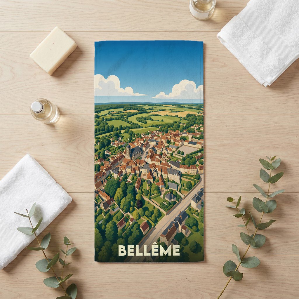 Serviette de bain souvenir de la ville de Bellême avec une illustration stylisée vue du ciel.