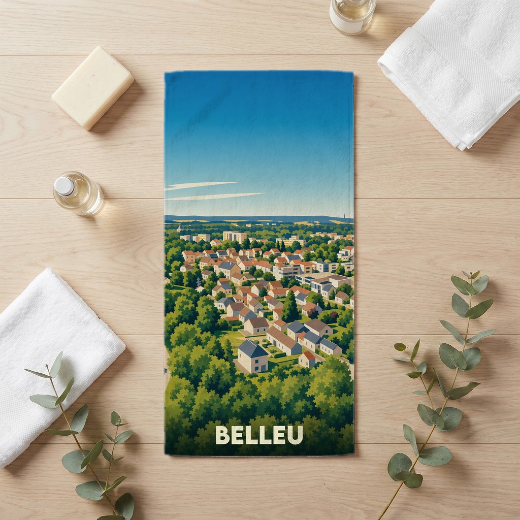Serviette de bain souvenir de la ville de Belleu avec une illustration stylisée.