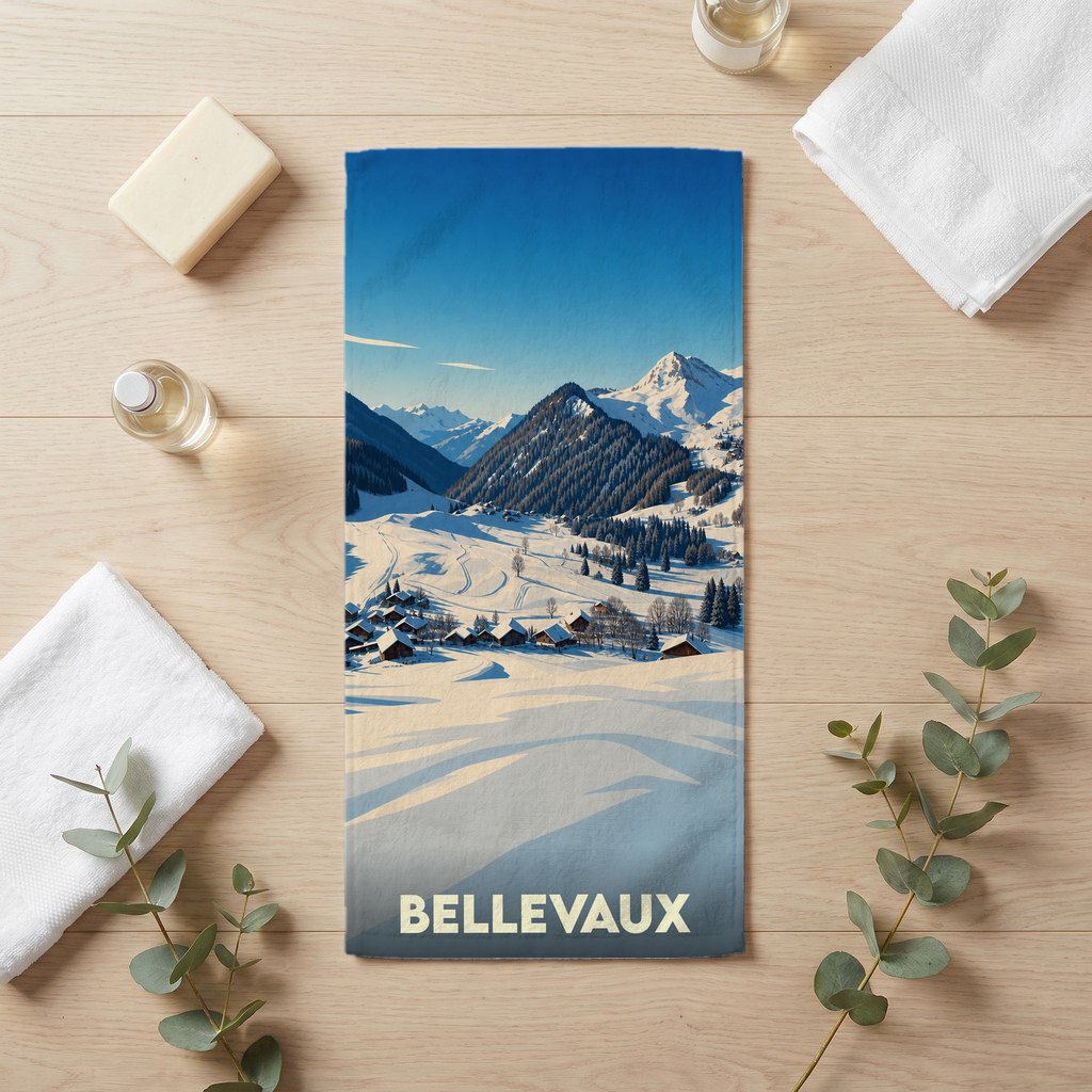 Serviette de bain souvenir de la ville de Bellevaux avec une illustration hivernale de montagne.