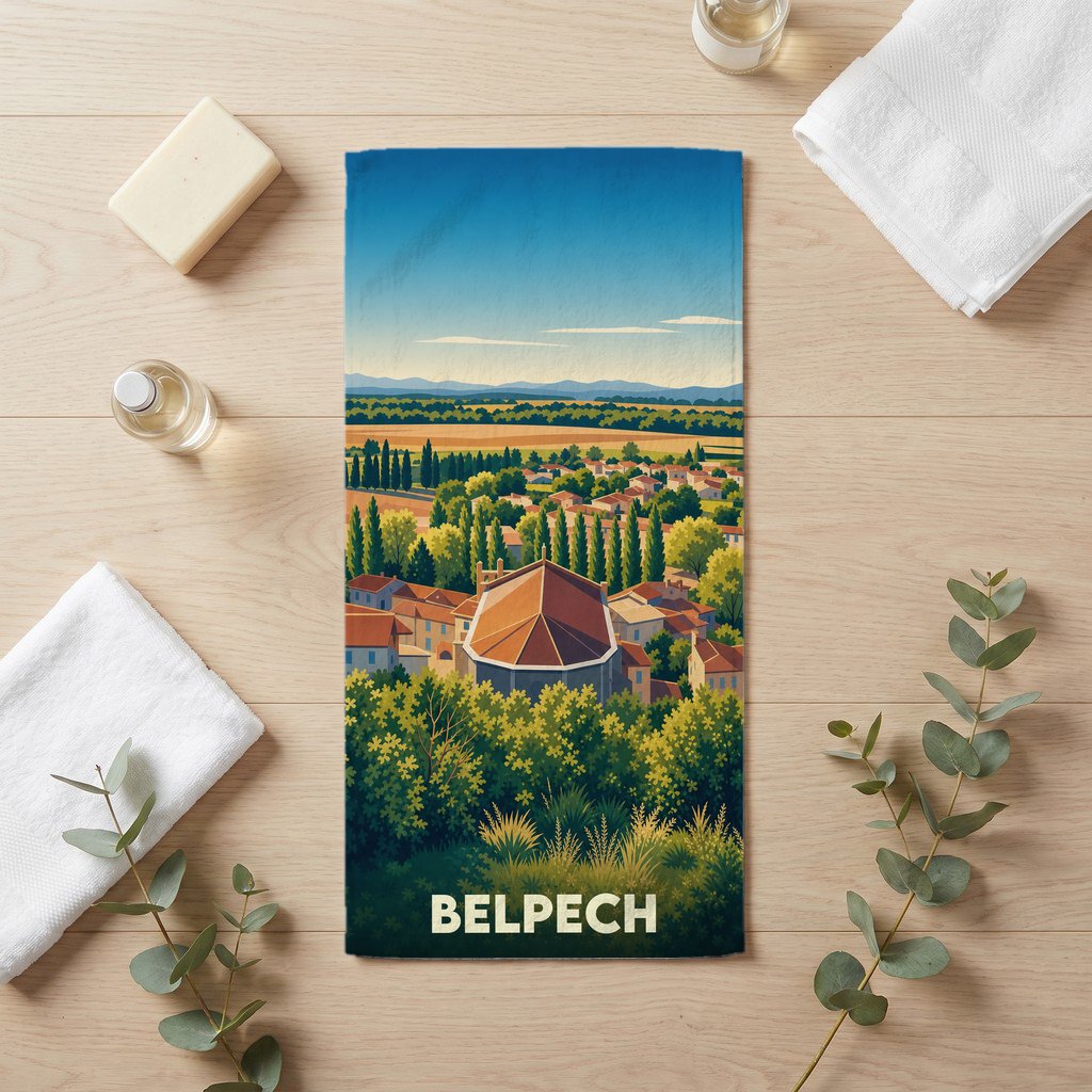 Serviette de bain souvenir de la ville de Belpech avec une illustration stylisée de ses paysages et de son église.