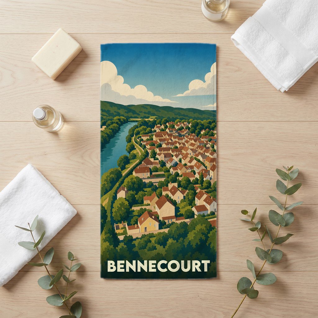 Serviette de bain souvenir de la ville de Bennecourt illustrée d'un paysage panoramique stylisé.