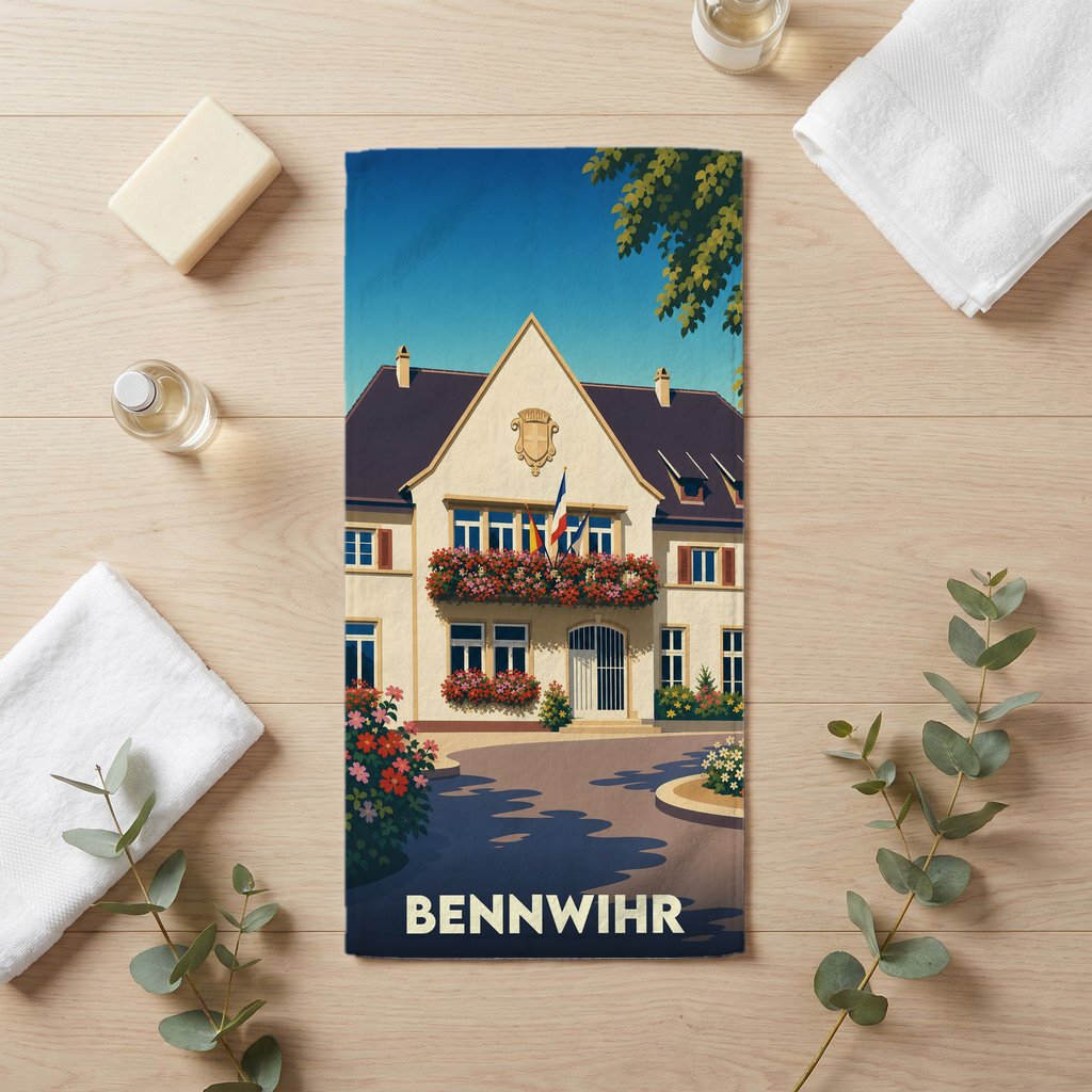 Serviette de bain souvenir de la ville de Bennwihr avec une illustration stylisée de sa mairie fleurie.