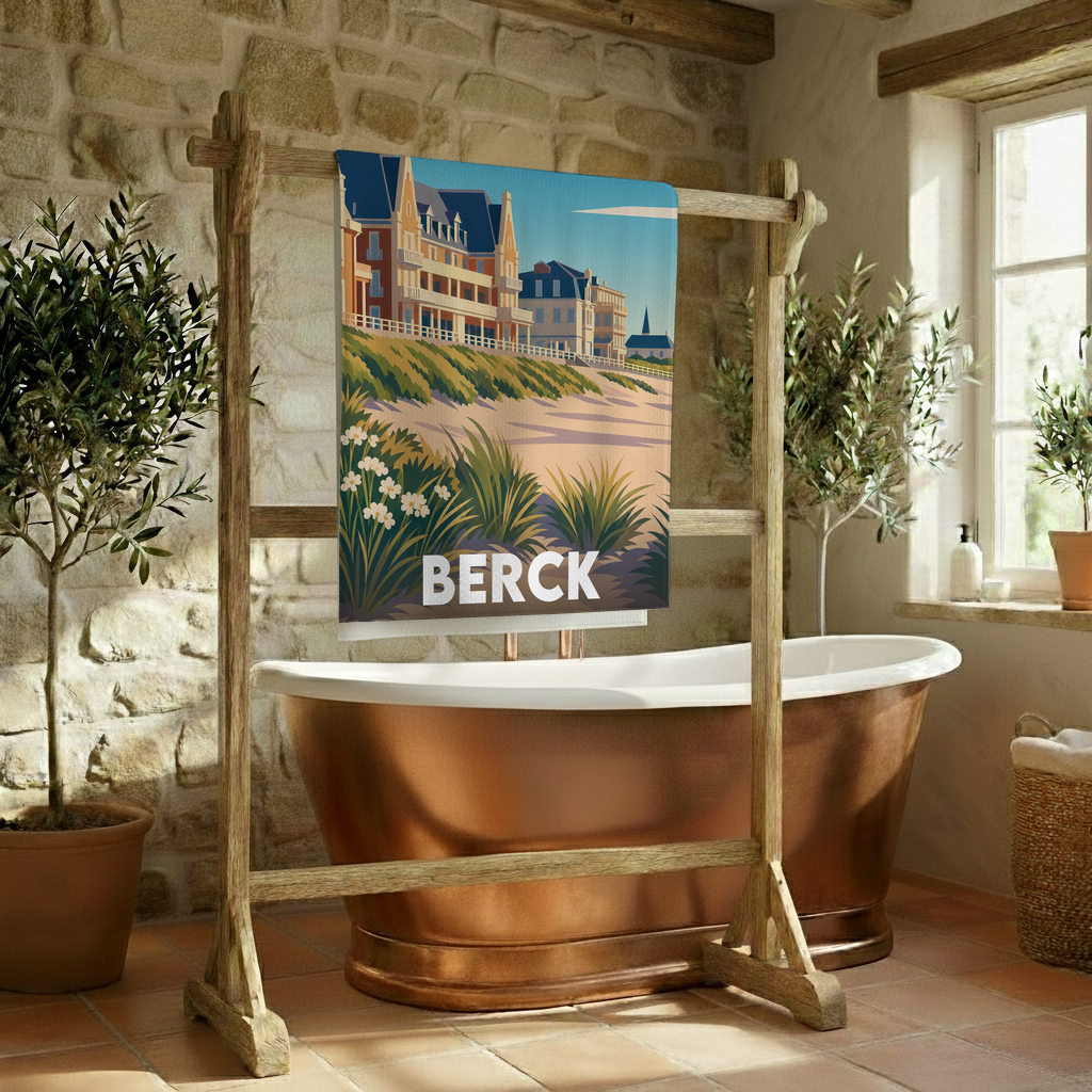 Serviette de bain souvenir de la ville de Berck avec une illustration stylisée.
