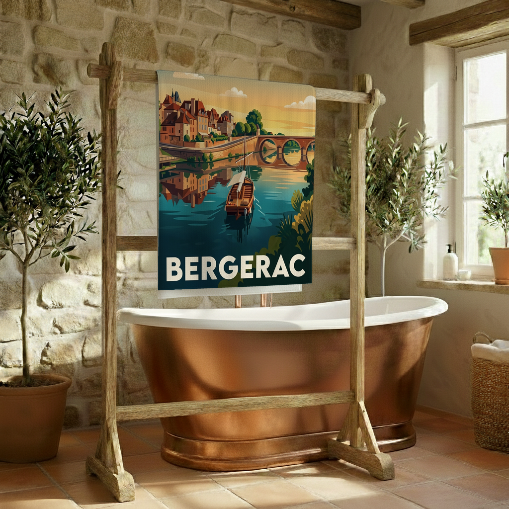 Serviette de bain souvenir de la ville de Bergerac avec une illustration stylisée.