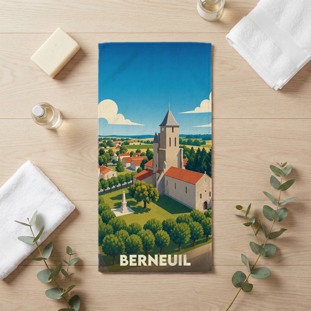 Serviette de bain souvenir de la ville de Berneuil avec une illustration stylisée de son église et de ses paysages.
