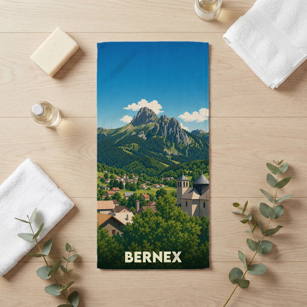 Serviette de bain souvenir de la ville de Bernex avec une illustration stylisée de montagne.