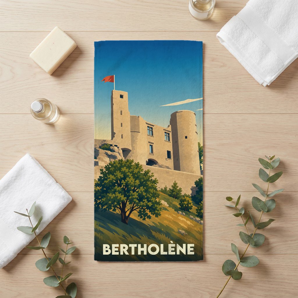 Serviette de bain souvenir de la ville de Bertholène illustrée d'un château médiéval stylisé.