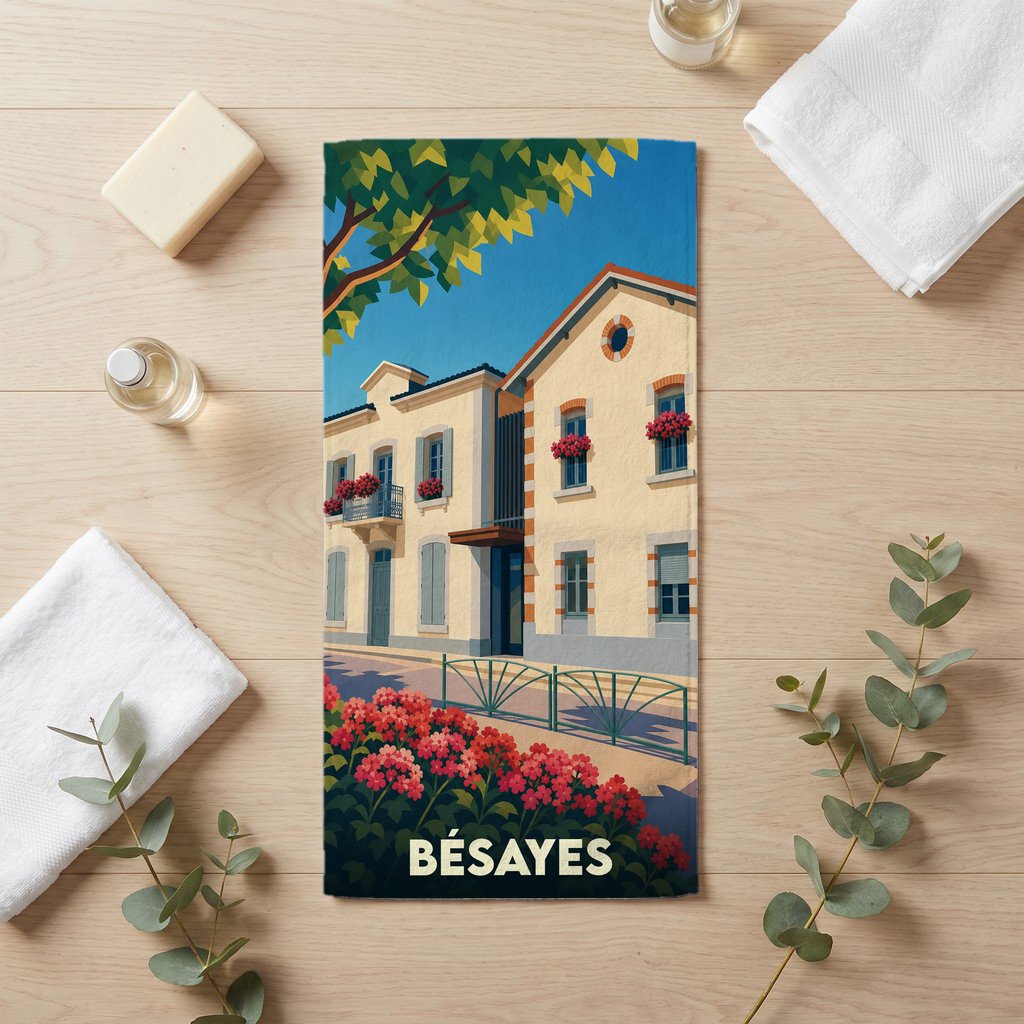 Serviette de bain souvenir de la ville de Bésayes avec une illustration stylisée.