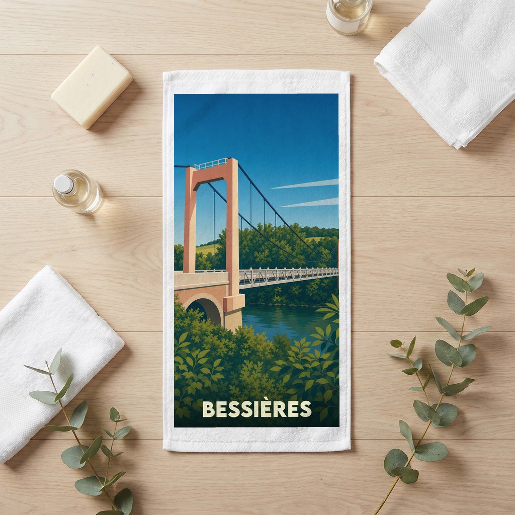 Serviette de bain souvenir de la ville de Bessières avec une illustration stylisée de son pont suspendu.
