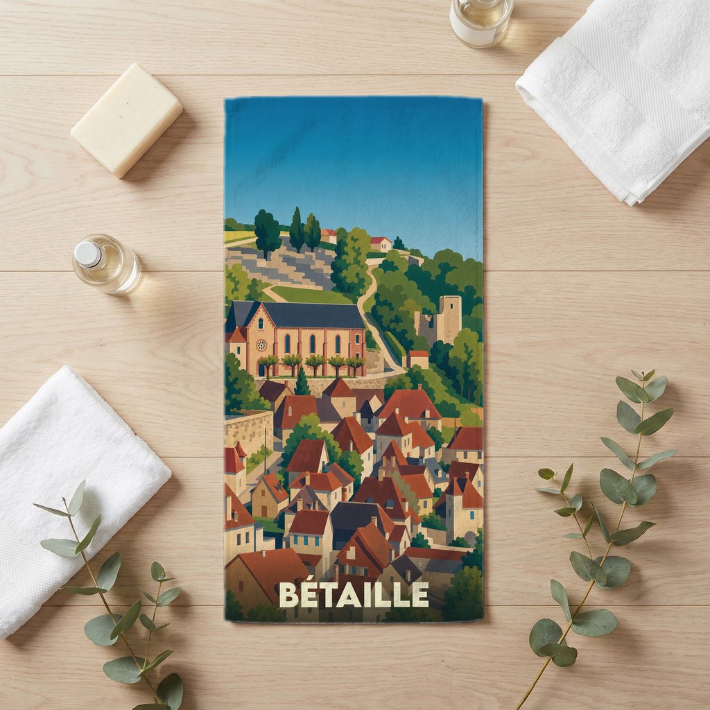 Serviette de bain souvenir de la ville de Bétaille avec une illustration stylisée.
