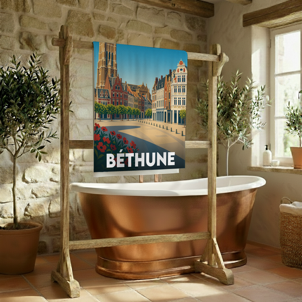 Serviette de bain souvenir de la ville de Béthune avec une illustration stylisée de son architecture.