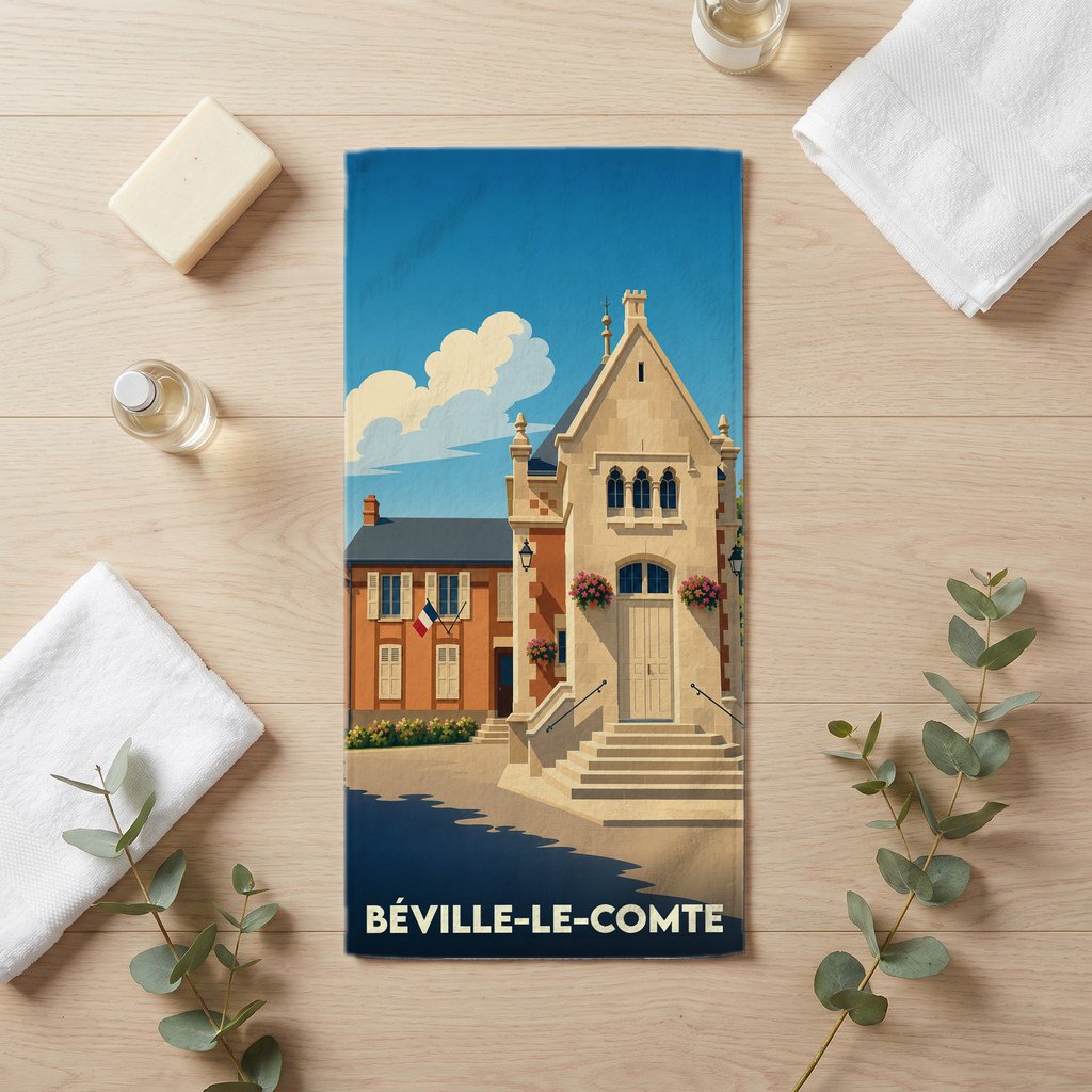 Serviette de bain souvenir de la ville de Béville-le-Comte avec une illustration stylisée de sa mairie.