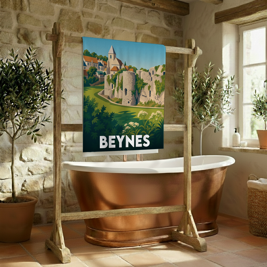 Serviette de bain souvenir de la ville de Beynes avec une illustration stylisée.