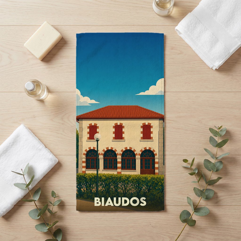 Serviette de bain souvenir de la ville de Biaudos avec une illustration stylisée d'un bâtiment traditionnel.