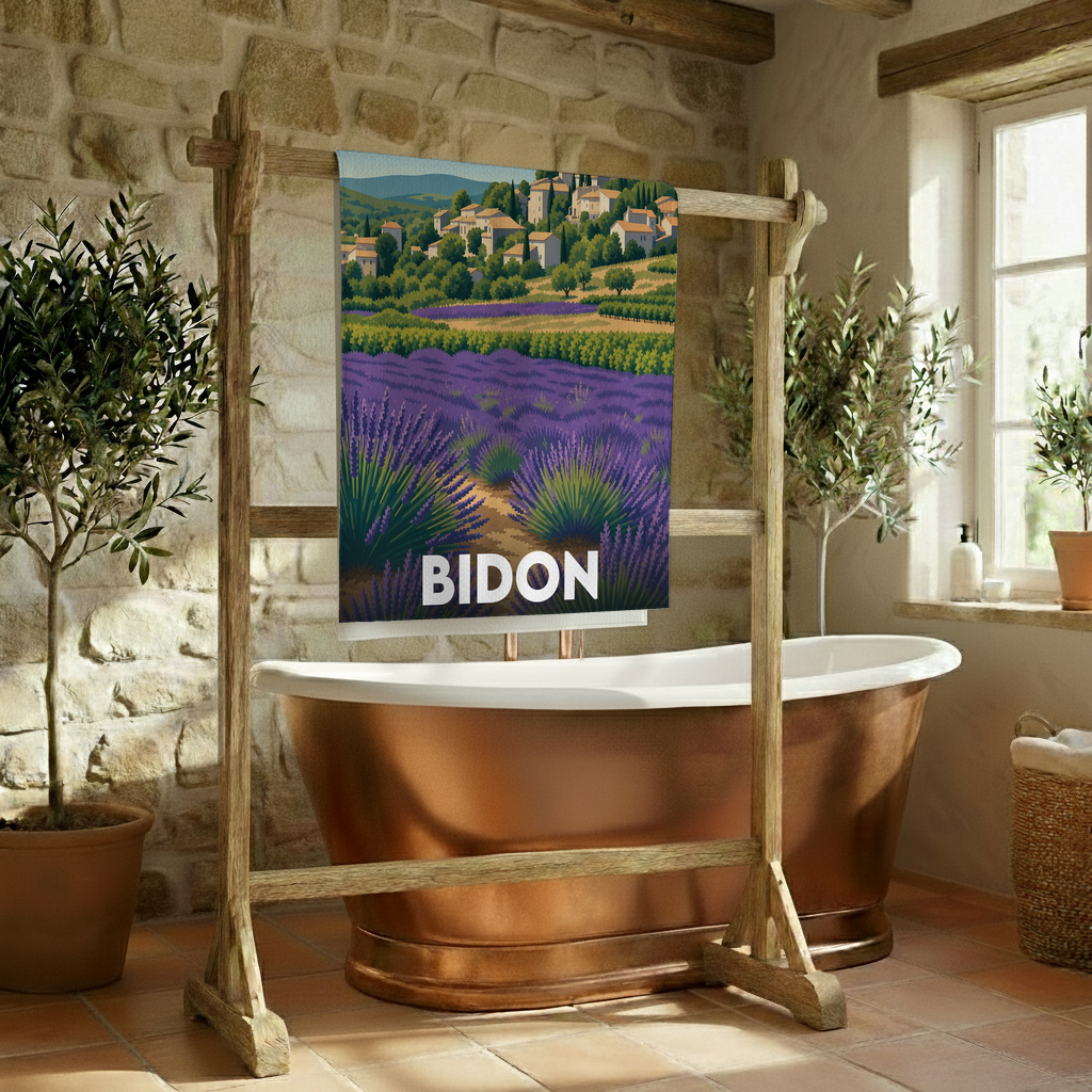 Serviette de bain souvenir de la ville de Bidon avec une illustration stylisée de champs de lavande.