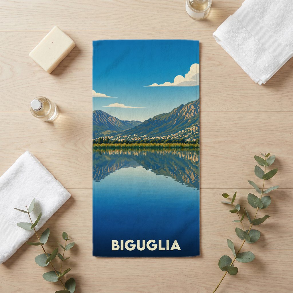 Serviette de bain souvenir de la ville de Biguglia avec une illustration stylisée de son étang et des montagnes.