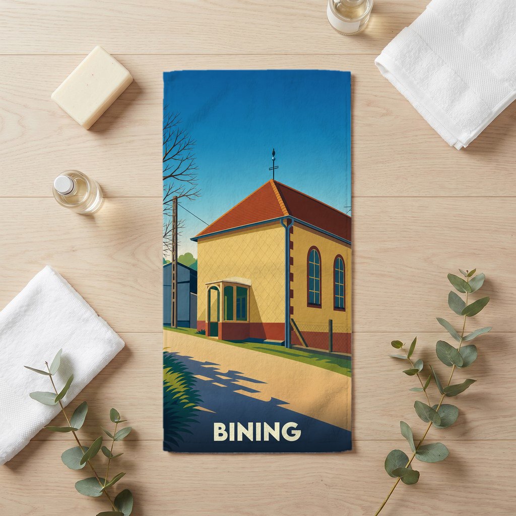 Serviette de bain souvenir de la ville de Bining avec une illustration stylisée.