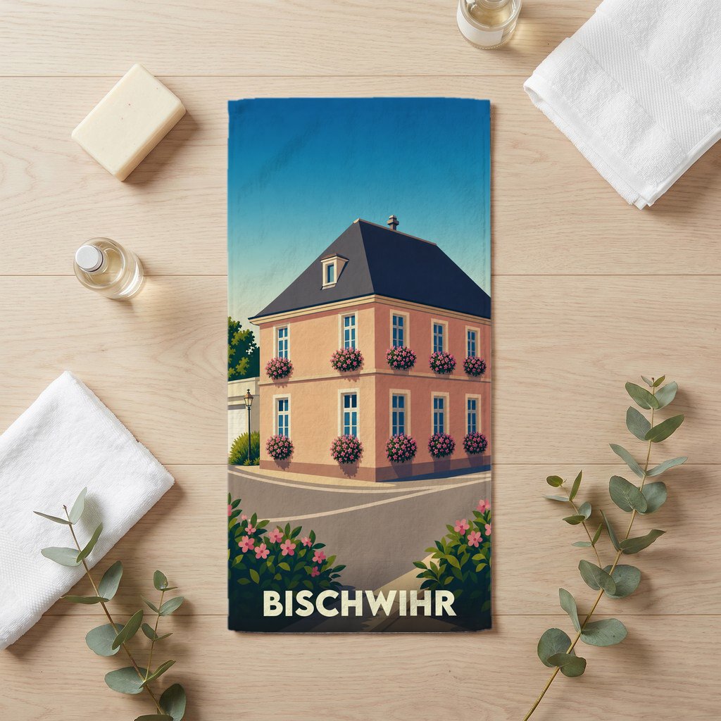 Serviette de bain souvenir de la ville de Bischwihr avec une illustration stylisée d'une maison alsacienne fleurie.